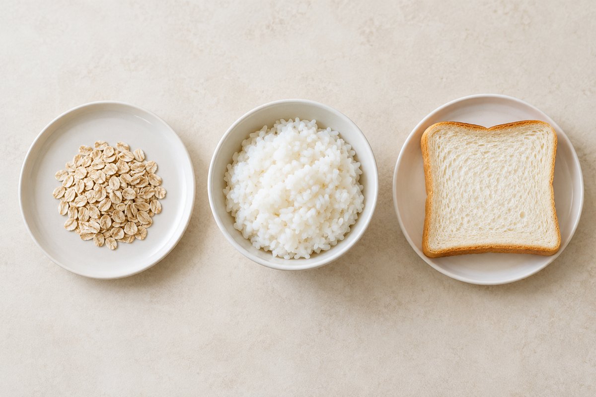 オートミール1食分、ご飯1杯、食パン1枚を並べて量を比べた様子